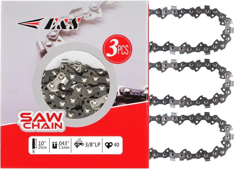 ES 3 Pack 10 Inch Chainsaw Chain 3/8" LP Pitch .043" Gauge 40 Drive Links Semi-Chisel Chain Saw Chains for Husqvarna, Poulan, Craftsman, Greenworks and More Chainsaw Brands - Image 1